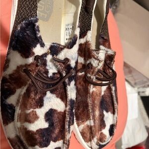 Hey Dude Brown and White Cow Print Flats